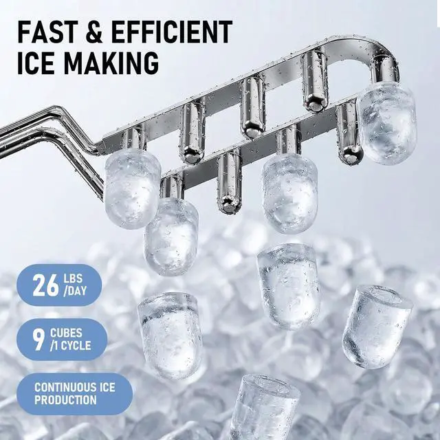 Alt view image 2 of 7 - Countertop Ice Maker 26LBS per Day,9 Ice Cubes in 6 Mins,Self-Cleaning Portable Ice Machine with 2 Bullet Types for Kitchen, Camping, RV, and Party