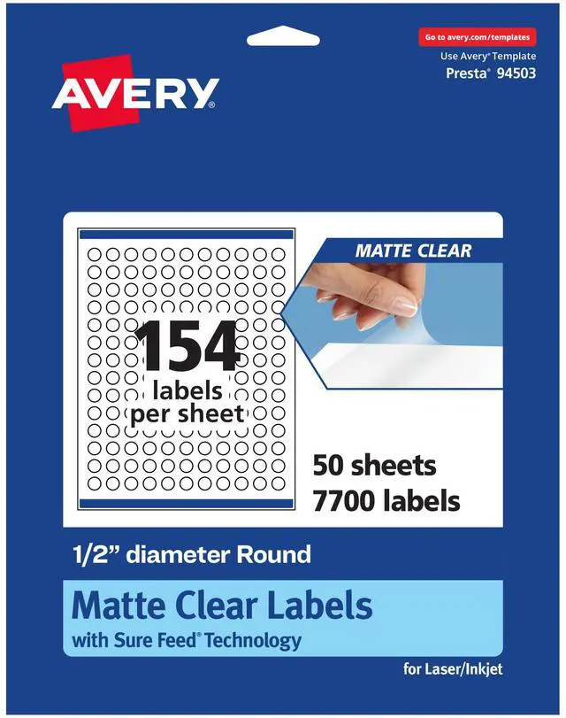 Main image of Matte Clear Round Labels, Sure Feed Technology, 0.5" Diameter, 7,700 Matte Clear Labels, Print-to-The-Edge, Laser/Inkjet Printable