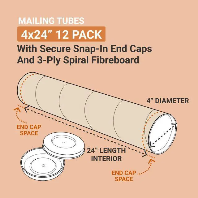 Alt view image 2 of 4 - Cardboard Tubes with Caps, 24"L x 4"W x 4"H, Pack of 12 | Poster Tube for Mailing and Storage of Blueprints, Artwork, Crafts, Long Art Holder, 24 inches