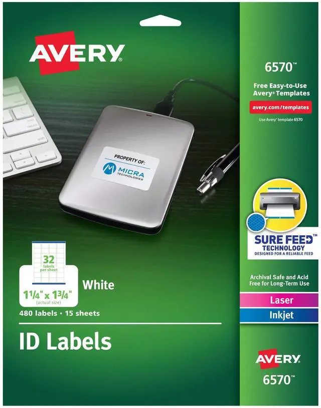 Main image of ID Labels, Sure Feed Technology, Permanent Adhesive, 1.25" x 1.75", 5 Packs (6570)