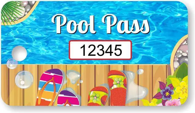 Main image of (Pack of 100) 1.125 x 2 inch Pool Pass Tags with Consecutive Numbering and Pre-Punched Hole, Digitally Printed, 35 mil Plastic, Multicolor