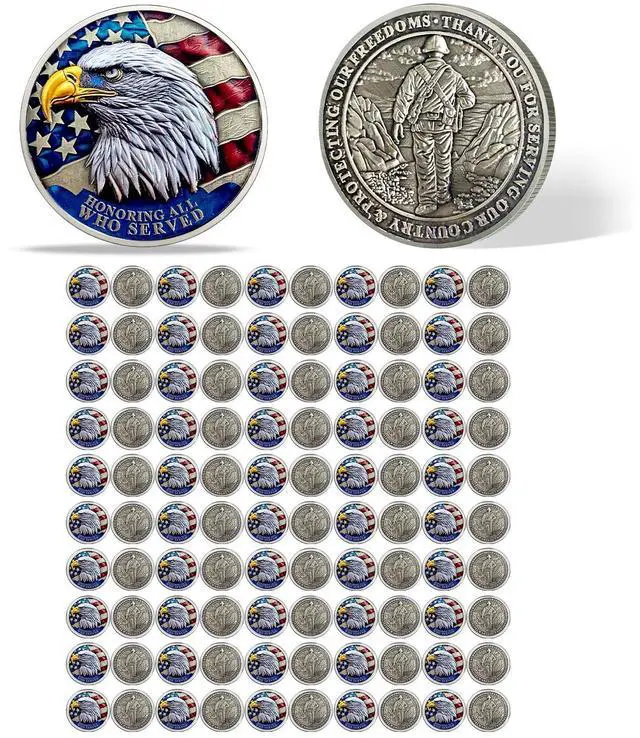 Main image of 100 Pack Military Challenge Coins, Veteran Appreciation Set | Honoring All Who Served, Thank You for Your Service Coin, Veterans Day Gifts Bulk, Service Milestone Recognition