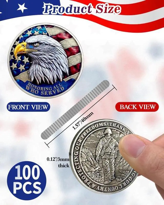 Alt view image 3 of 7 - 100 Pack Military Challenge Coins, Veteran Appreciation Set | Honoring All Who Served, Thank You for Your Service Coin, Veterans Day Gifts Bulk, Service Milestone Recognition