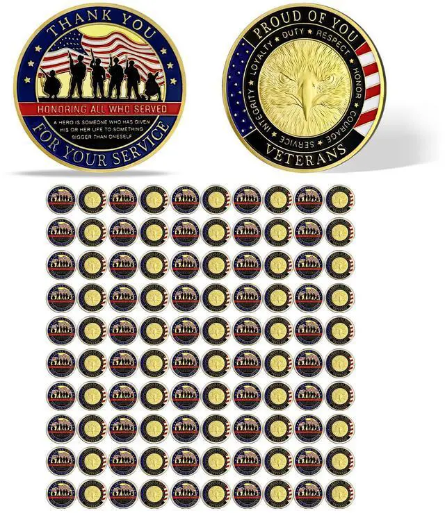 Main image of 100Pcs Military Challenge Coins Set, Veteran Honor Coins | Thank You for Your Service, Military Appreciation Gifts for Men & Women, Service Recognition, Bulk Veterans Day Gifts