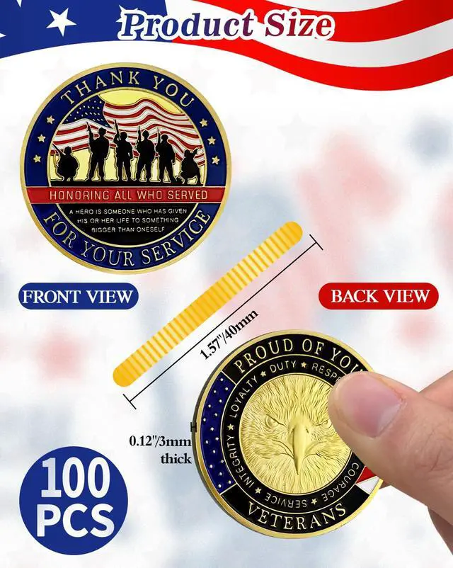 Alt view image 3 of 7 - 100Pcs Military Challenge Coins Set, Veteran Honor Coins | Thank You for Your Service, Military Appreciation Gifts for Men & Women, Service Recognition, Bulk Veterans Day Gifts