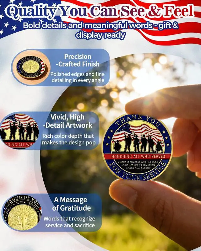Alt view image 4 of 7 - 50Pcs Military Challenge Coins Set, Veteran Honor Coins | Thank You for Your Service, Military Appreciation Gifts for Men & Women, Service Recognition, Bulk Veterans Day Gifts