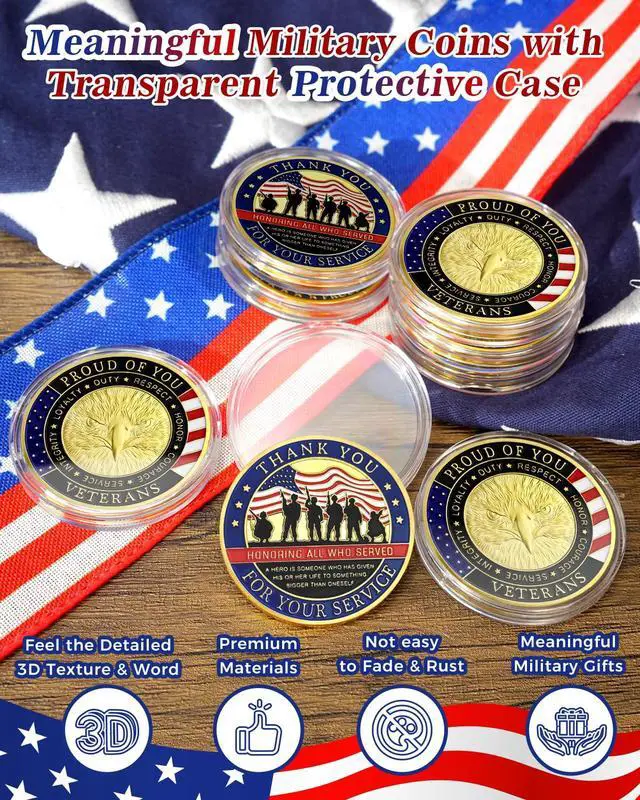 Alt view image 2 of 7 - 50Pcs Military Challenge Coins Set, Veteran Honor Coins | Thank You for Your Service, Military Appreciation Gifts for Men & Women, Service Recognition, Bulk Veterans Day Gifts