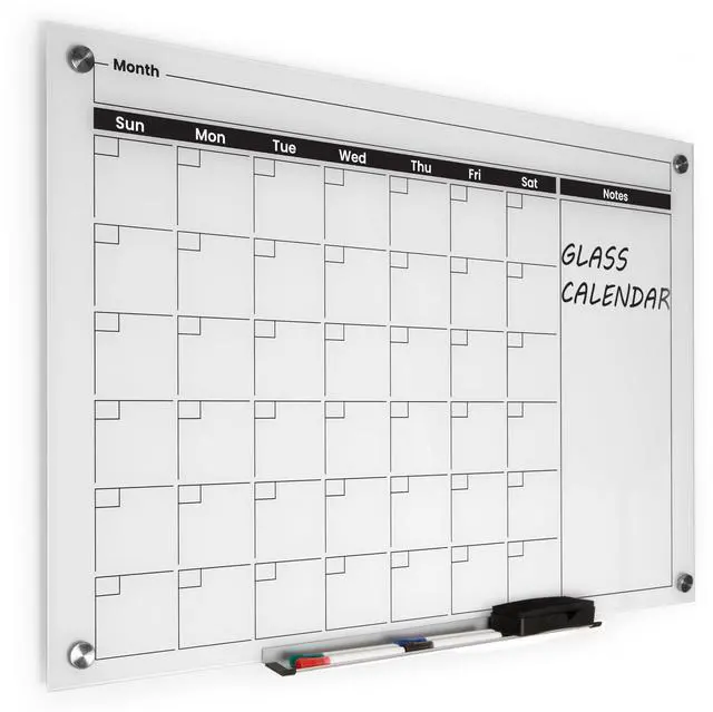 Main image of Real Glass Dry Erase Monthly Calendar, Extra Large 24" x 36", Tempered Glass Surface, Frameless Wall Mount, with 4 Assorted Color Markers and Eraser, by (Bright White)