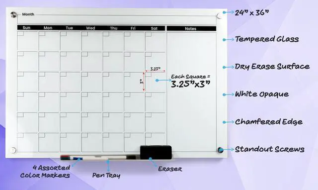 Alt view image 3 of 7 - Real Glass Dry Erase Monthly Calendar, Extra Large 24" x 36", Tempered Glass Surface, Frameless Wall Mount, with 4 Assorted Color Markers and Eraser, by (Bright White)