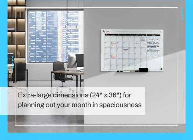 Alt view image 2 of 7 - Real Glass Dry Erase Monthly Calendar, Extra Large 24" x 36", Tempered Glass Surface, Frameless Wall Mount, with 4 Assorted Color Markers and Eraser, by (Bright White)