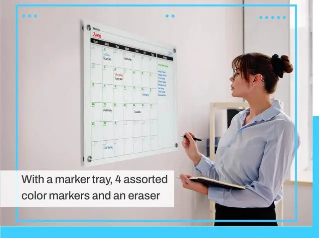 Alt view image 4 of 7 - Real Glass Dry Erase Monthly Calendar, Extra Large 24" x 36", Tempered Glass Surface, Frameless Wall Mount, with 4 Assorted Color Markers and Eraser, by (Bright White)