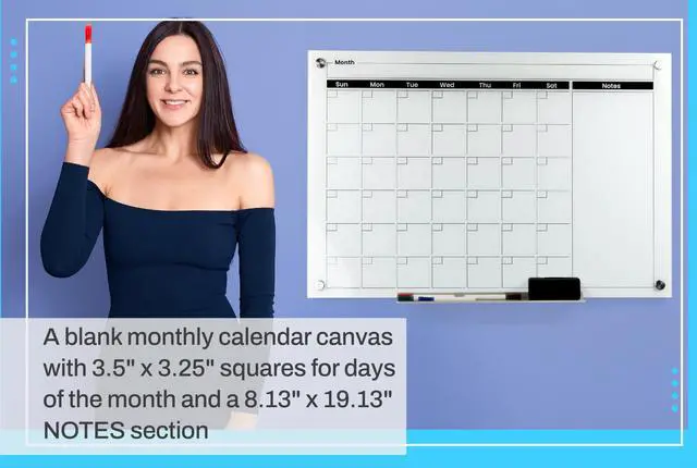 Alt view image 6 of 7 - Real Glass Dry Erase Monthly Calendar, Extra Large 24" x 36", Tempered Glass Surface, Frameless Wall Mount, with 4 Assorted Color Markers and Eraser, by (Bright White)