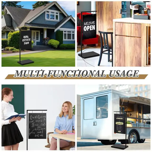 Alt view image 6 of 6 - Chalkboard Sign with Metal Base 18 x 43 Double Sided Hanging Sidewalk Chalk Sign Message Hanging Chalkboard Sign Menu Sandwich Board Signs Outdoor for Restaurant, Business, Cafe, Wedding