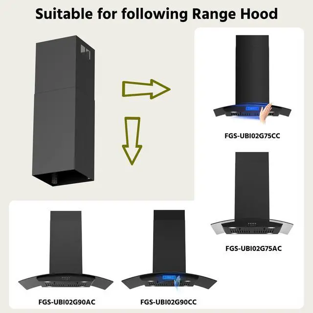 Alt view image 2 of 7 - Island Range Hood Chimney Extension, Black Ceiling-Mounted Duct Cover, Fits Models FGS-UBI02G75CC and FGS-UBI02G90CC Stainless Steel Accessory FGS-TI02B-ZST