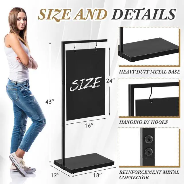 Alt view image 3 of 6 - Chalkboard Sign with Metal Base 18 x 43 Double Sided Hanging Sidewalk Chalk Sign Message Hanging Chalkboard Sign Menu Sandwich Board Signs Outdoor for Restaurant, Business, Cafe, Wedding