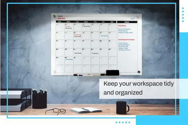 Alt view image 7 of 7 - Real Glass Dry Erase Monthly Calendar, Extra Large 24" x 36", Tempered Glass Surface, Frameless Wall Mount, with 4 Assorted Color Markers and Eraser, by (Bright White)