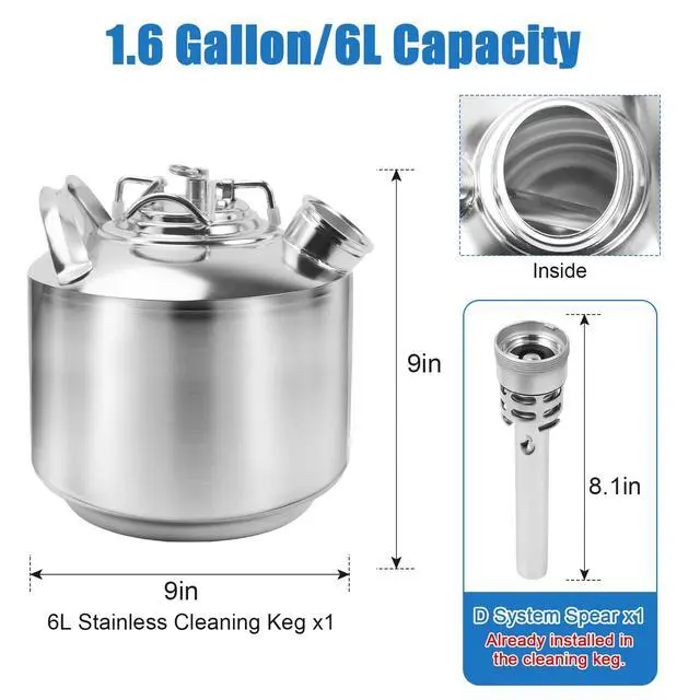 Alt view image 2 of 6 - 1.6 Gallon Stainless Beer Line Cleaning Keg Kegerator Line Cleaning Kit with 1 D Spears for D Coupler Mount, Efficient Keg Line Beer Line Cleaning Kit with Portable Handle for 1 HomeBrew Systems (6L)