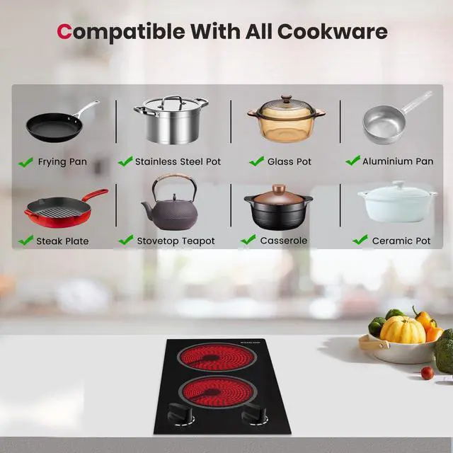 Alt view image 5 of 7 - 12 Inch Built-in Electric Cooktop, 2 Burner 3000W Radiant Ceramic Stovetop CH30BS, 220-240V, 7 Power Levels, Knob Control, Hot Indicator, Hardwired