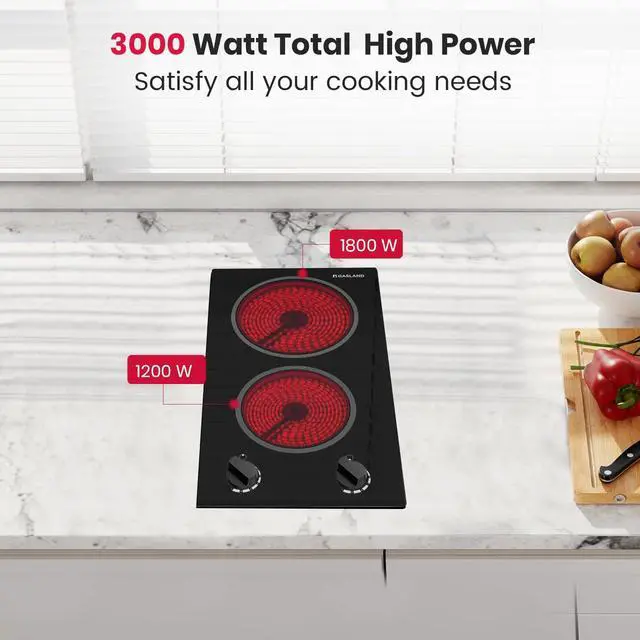 Alt view image 6 of 7 - 12 Inch Built-in Electric Cooktop, 2 Burner 3000W Radiant Ceramic Stovetop CH30BS, 220-240V, 7 Power Levels, Knob Control, Hot Indicator, Hardwired