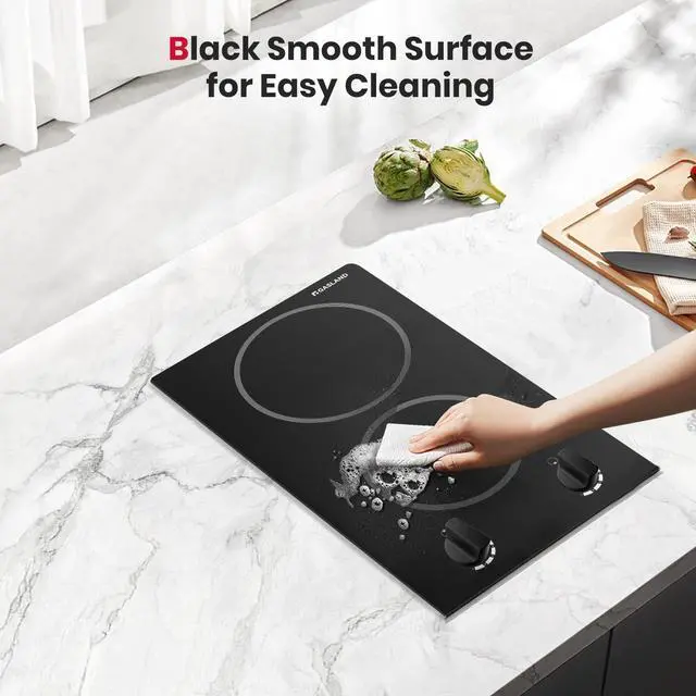 Alt view image 4 of 7 - 12 Inch Built-in Electric Cooktop, 2 Burner 3000W Radiant Ceramic Stovetop CH30BS, 220-240V, 7 Power Levels, Knob Control, Hot Indicator, Hardwired