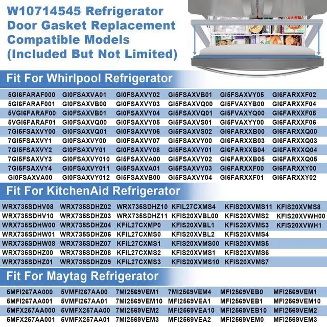 Alt view image 4 of 7 - Upgraded W10714545 Refrigerator Freezer Door Gasket Compatible With Whirlpool Maytag Kenmore Jenn-Air KitchenAid Amana Fridge Seal, Replaces WPW10714545, W10191103, W10443322, 3377744, 20.98 x 34.52"
