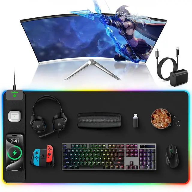 Alt view image 2 of 7 - RGB Gaming Mouse Pad with 15W Wireless Charging, 31.5 x 15.8 XXL Large Desk Mat Home Office Keyboard Pad for Desk, Waterproof Mousepad with 4 Light Modes & 11 RGB Colors, Classic Black