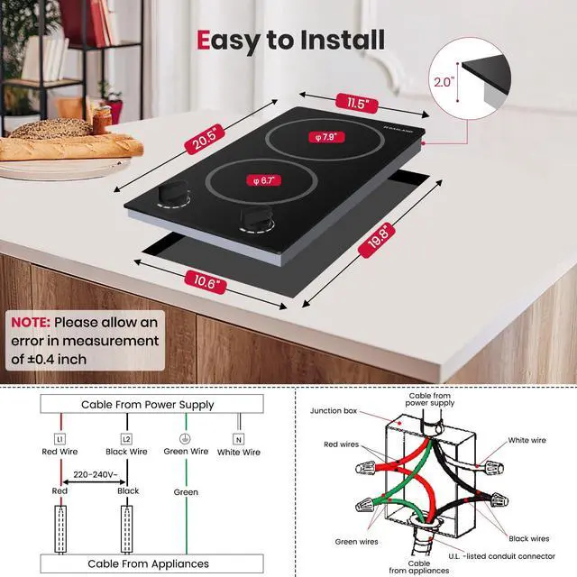 Alt view image 7 of 7 - 12 Inch Built-in Electric Cooktop, 2 Burner 3000W Radiant Ceramic Stovetop CH30BS, 220-240V, 7 Power Levels, Knob Control, Hot Indicator, Hardwired