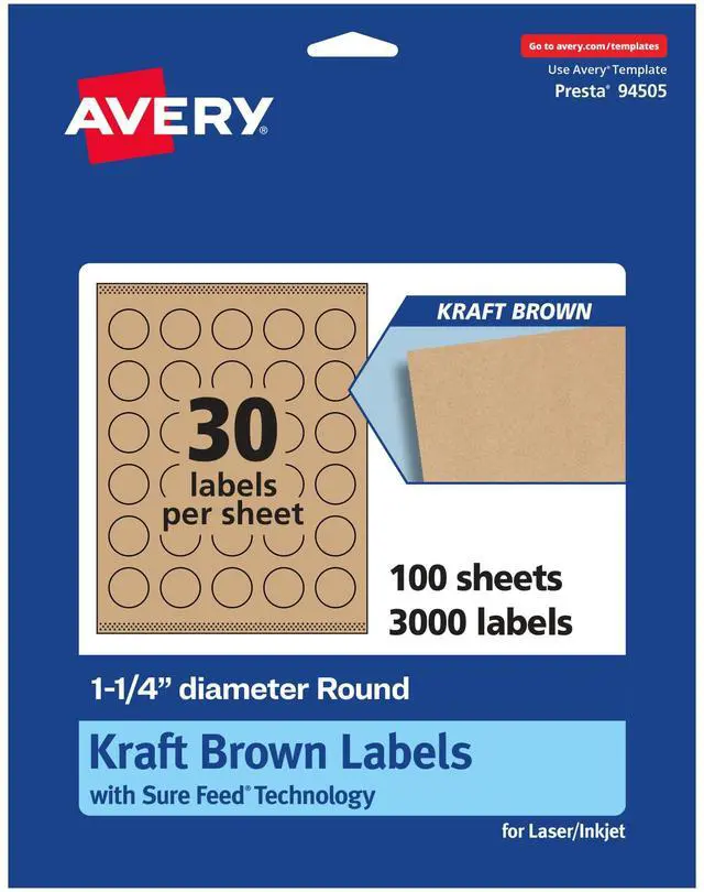 Main image of ® Kraft Brown Round Labels, Sure Feed® Technology, 1.25" Diameter, 3,000 Kraft Brown Labels, Print-to-The-Edge, Laser/Inkjet Printable