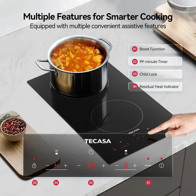 Alt view image 4 of 7 - 12 Inch Induction Cooktop 3500W, Built-in Electric Stove with 2 Boost Burners, Compatible with Magnetic Cookers, Timer & Child Safety Lock, 9 Power Levels
