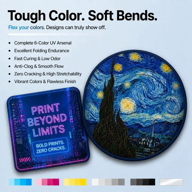 Alt view image 3 of 7 - 6-Pack Soft UV Ink for Soft Materials (Flexible Type) - BK C M Y WH Varnish, 500ML - Ultraviolet UV ink for XP600 i3200 TX800 DX5 DX6 DX7 1390 i1600 DX10 printhead, Ultraviolet LED Curing