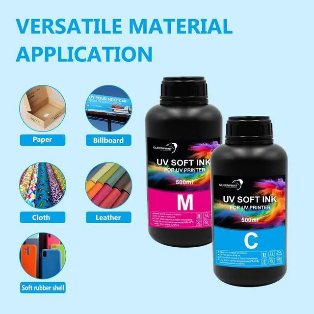 Alt view image 5 of 7 - 6-Pack Soft UV Ink for Soft Materials (Flexible Type) - BK C M Y WH Varnish, 500ML - Ultraviolet UV ink for XP600 i3200 TX800 DX5 DX6 DX7 1390 i1600 DX10 printhead, Ultraviolet LED Curing