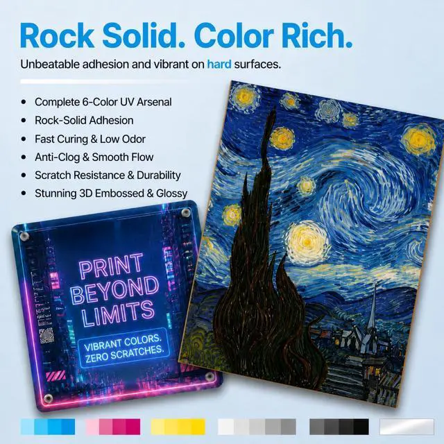 Alt view image 3 of 7 - 500ML Hard UV Ink (6-pack, BK C M Y W+V) Rigid Type Ultraviolet UV Ink for Hard Surface Materials with XP600 TX800 i3200 DX5 DX6 DX7 i1600 L805 1390 DX10 Printhead and Printers