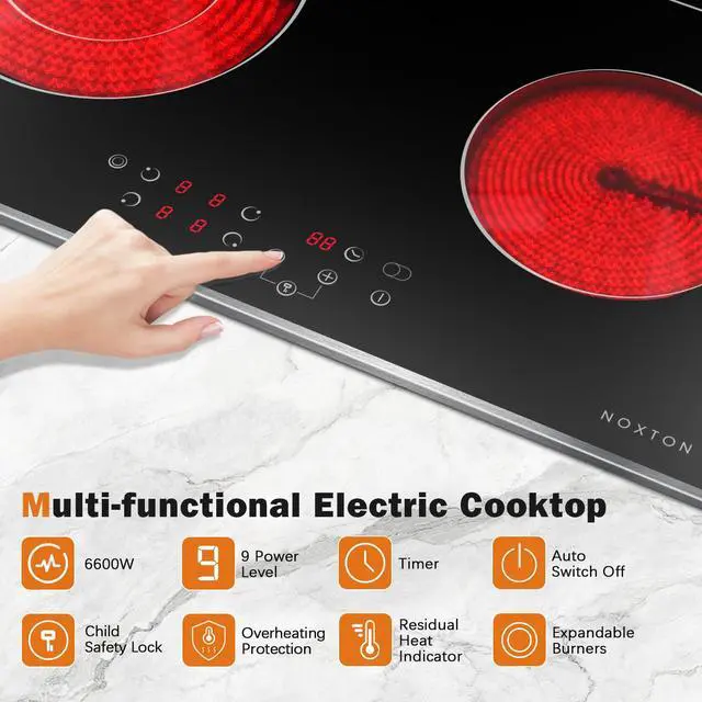 Alt view image 2 of 7 - 24 Inch Electric Cooktop with Glass Protecting the Metal Frame | 4 Burners Radiant Ceramic Stove Top with Dual and Oval Expandable Zones, Timer, Child Lock, 220-240V Hardwired, No Plug