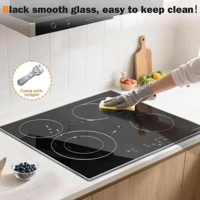 Alt view image 4 of 7 - 24 Inch Electric Cooktop with Glass Protecting the Metal Frame | 4 Burners Radiant Ceramic Stove Top with Dual and Oval Expandable Zones, Timer, Child Lock, 220-240V Hardwired, No Plug