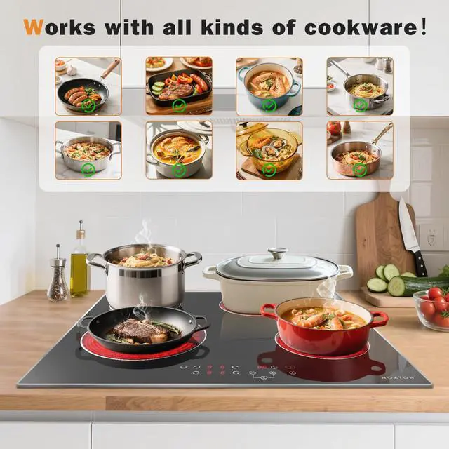 Alt view image 5 of 7 - 24 Inch Electric Cooktop with Glass Protecting the Metal Frame | 4 Burners Radiant Ceramic Stove Top with Dual and Oval Expandable Zones, Timer, Child Lock, 220-240V Hardwired, No Plug