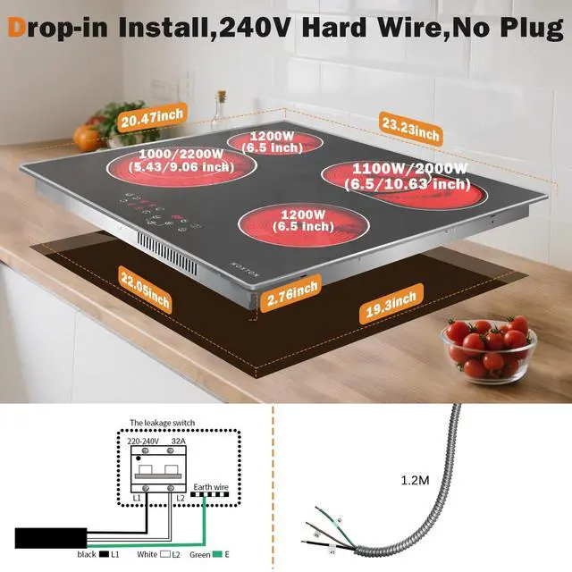 Alt view image 6 of 7 - 24 Inch Electric Cooktop with Glass Protecting the Metal Frame | 4 Burners Radiant Ceramic Stove Top with Dual and Oval Expandable Zones, Timer, Child Lock, 220-240V Hardwired, No Plug