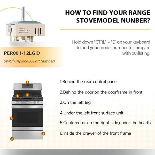 Alt view image 7 of 7 - EBF62174907 LG Oven Range Surface Element Infinite Control Switch Replacement PER001-12LG PER001-12S D EBF62174902 EBF62174904