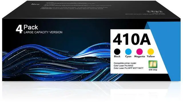 Main image of 410A Toner Cartridge 4 Pack (with Chip) Works with Color Laser Pro M452dn M452dw M452nw; Color Laser Pro MFP M377dw M477fdn M477fdw M477fnw Printer Replacement for HP 410A Toner Cartridge 410X CF410AQ