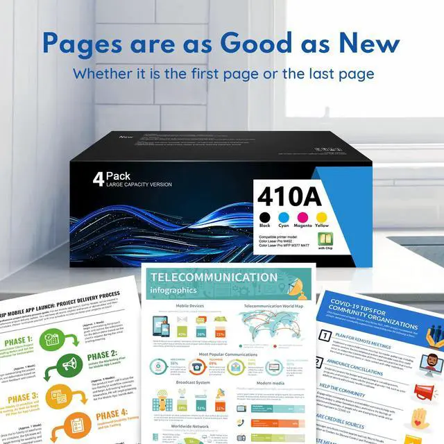 Alt view image 6 of 7 - 410A Toner Cartridge 4 Pack (with Chip) Works with Color Laser Pro M452dn M452dw M452nw; Color Laser Pro MFP M377dw M477fdn M477fdw M477fnw Printer Replacement for HP 410A Toner Cartridge 410X CF410AQ