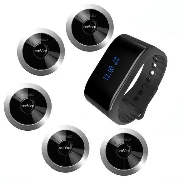 Main image of Wireless Calling System, Nurse Call System, 360 Degree Waterproof Pager Watch Receiver, No Screw Pager, Pack of 5 Pagers and 1 Receiver