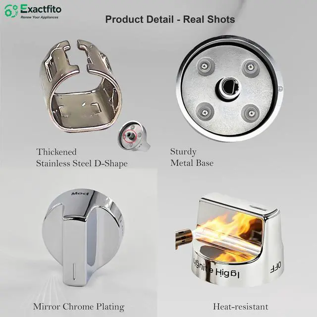 Alt view image 3 of 7 - 5 Pcs Whirlpool Stove Knobs Replacement W11123250, W10906401 |, Reinforced D-Shape, Heat-resistant blend: 110140°C, Mirror brushed nickel finish