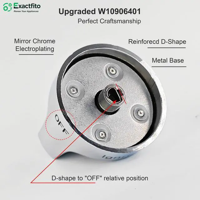 Alt view image 2 of 7 - 5 Pcs Whirlpool Stove Knobs Replacement W11123250, W10906401 |, Reinforced D-Shape, Heat-resistant blend: 110140°C, Mirror brushed nickel finish