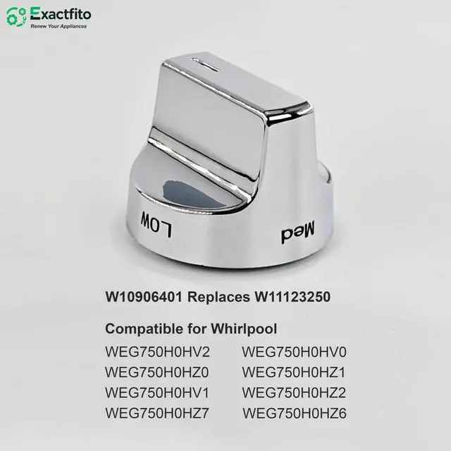 Alt view image 4 of 7 - 5 Pcs Whirlpool Stove Knobs Replacement W11123250, W10906401 |, Reinforced D-Shape, Heat-resistant blend: 110140°C, Mirror brushed nickel finish