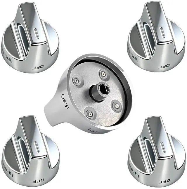 Main image of 5 Pcs Whirlpool Stove Knobs Replacement W11123250, W10906401 |, Reinforced D-Shape, Heat-resistant blend: 110140°C, Mirror brushed nickel finish