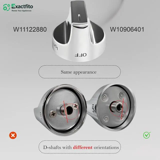 Alt view image 5 of 7 - 5 Pcs Whirlpool Stove Knobs Replacement W11123250, W10906401 |, Reinforced D-Shape, Heat-resistant blend: 110140°C, Mirror brushed nickel finish