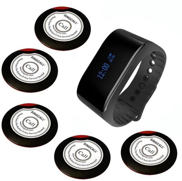 Main image of Wireless Waiter Calling System 1 Watch Receiver & 5 Call Buttons | Restaurant Paging System, Call Waiter, Waterproof Mobile Receiver, For Bank/Restaurant/Cafe/Hospital/Factory/Office