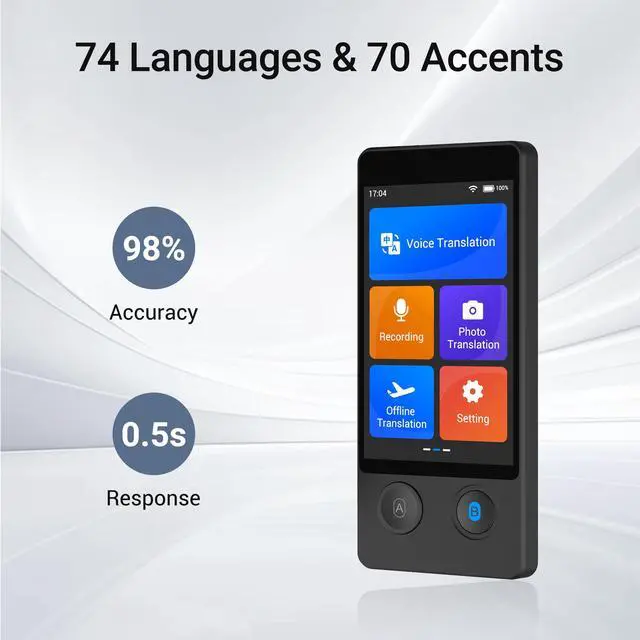 Alt view image 2 of 7 - Translator Device W12S Support 144 Languages and Accents 98% High Accuracy Rapid Two Way Translation in 1s with Protective Case and Lanyard W12S Black
