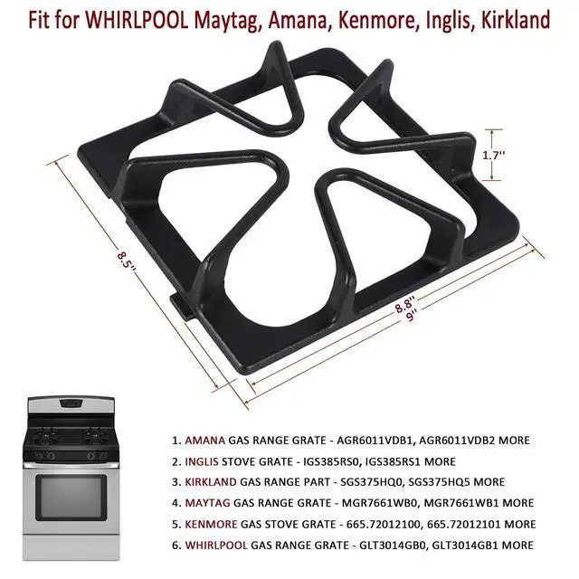 Alt view image 2 of 6 - Burner Grates W10447925 Stove Replacement Parts for Whirlpool Stove Grates Top-Cast Iron Surface Burner Oven Grates for Amana, Kenmore, Inglis, Kirkland-8.3'' x 8.8'' Gas Stove Range Grates