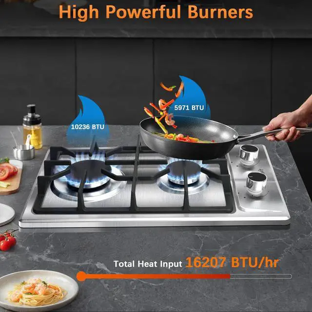 Alt view image 2 of 7 - 2 Burner Propane Cooktop for LPG/NG Dual Fuel, 110V Plug in | 12 Inch Stainless Steel Gas Stove, Two Burner Gas Cooktop with Flame-out Protection for Apartment, RV, Dorm, 110V Plug in