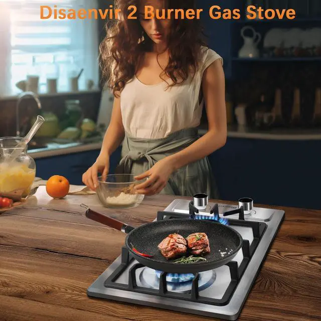 Alt view image 3 of 7 - 2 Burner Propane Cooktop for LPG/NG Dual Fuel, 110V Plug in | 12 Inch Stainless Steel Gas Stove, Two Burner Gas Cooktop with Flame-out Protection for Apartment, RV, Dorm, 110V Plug in